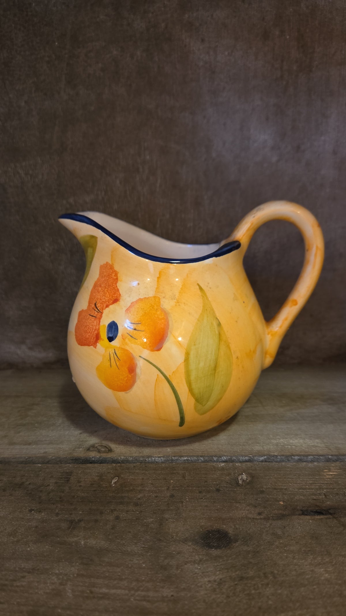 Onina Poppy Pitcher, Yellow, Orange, Green, Blue Rim, Floral, Flowers