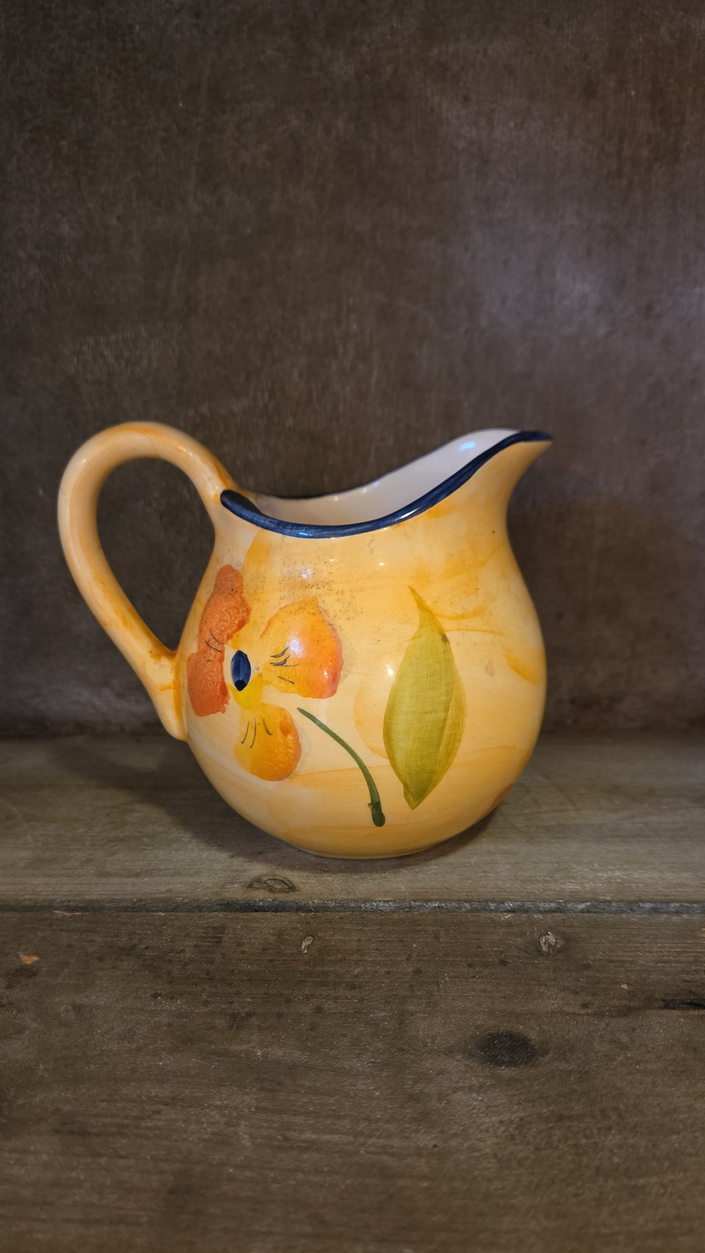 Onina Poppy Pitcher, Yellow, Orange, Green, Blue Rim, Floral, Flowers