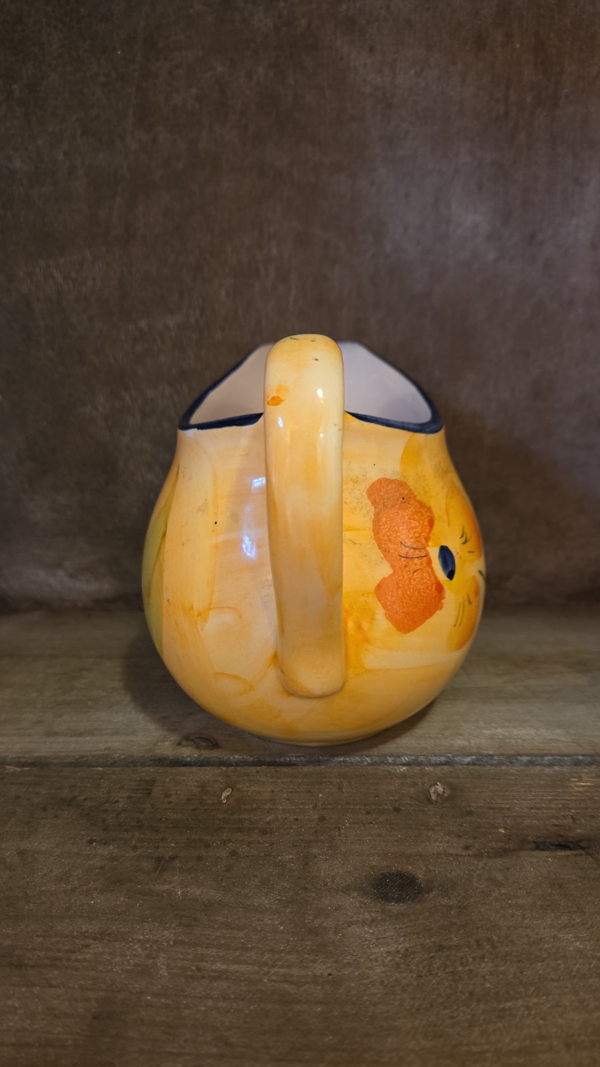 Onina Poppy Pitcher, Yellow, Orange, Green, Blue Rim, Floral, Flowers