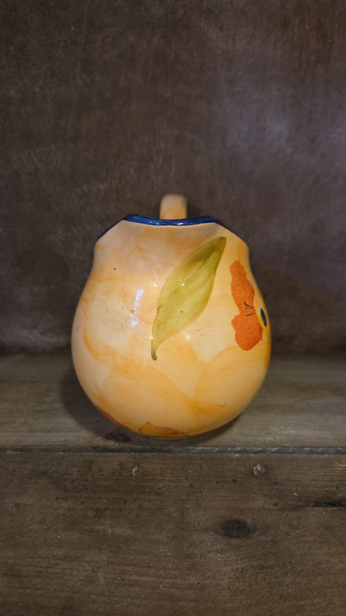 Onina Poppy Pitcher, Yellow, Orange, Green, Blue Rim, Floral, Flowers
