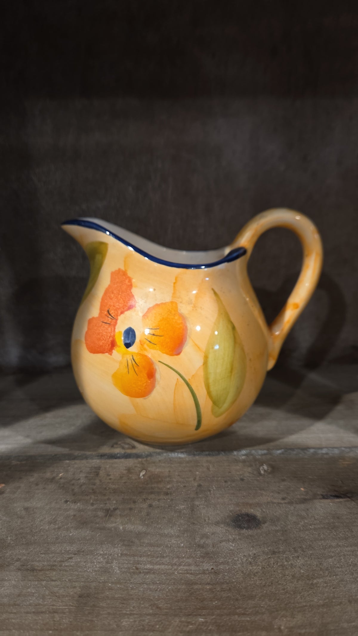 Onina Poppy Pitcher, Yellow, Orange, Green, Blue Rim, Floral, Flowers