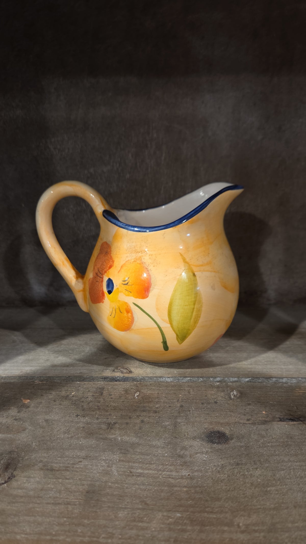 Onina Poppy Pitcher, Yellow, Orange, Green, Blue Rim, Floral, Flowers