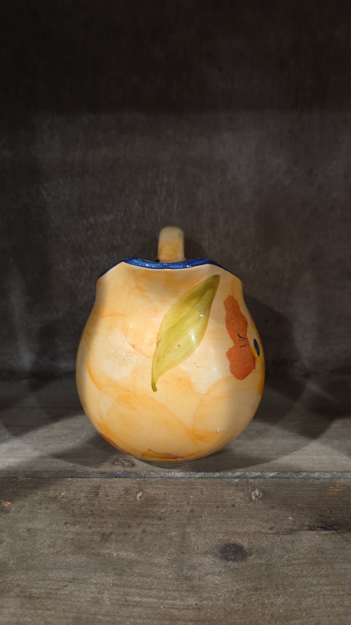 Onina Poppy Pitcher, Yellow, Orange, Green, Blue Rim, Floral, Flowers