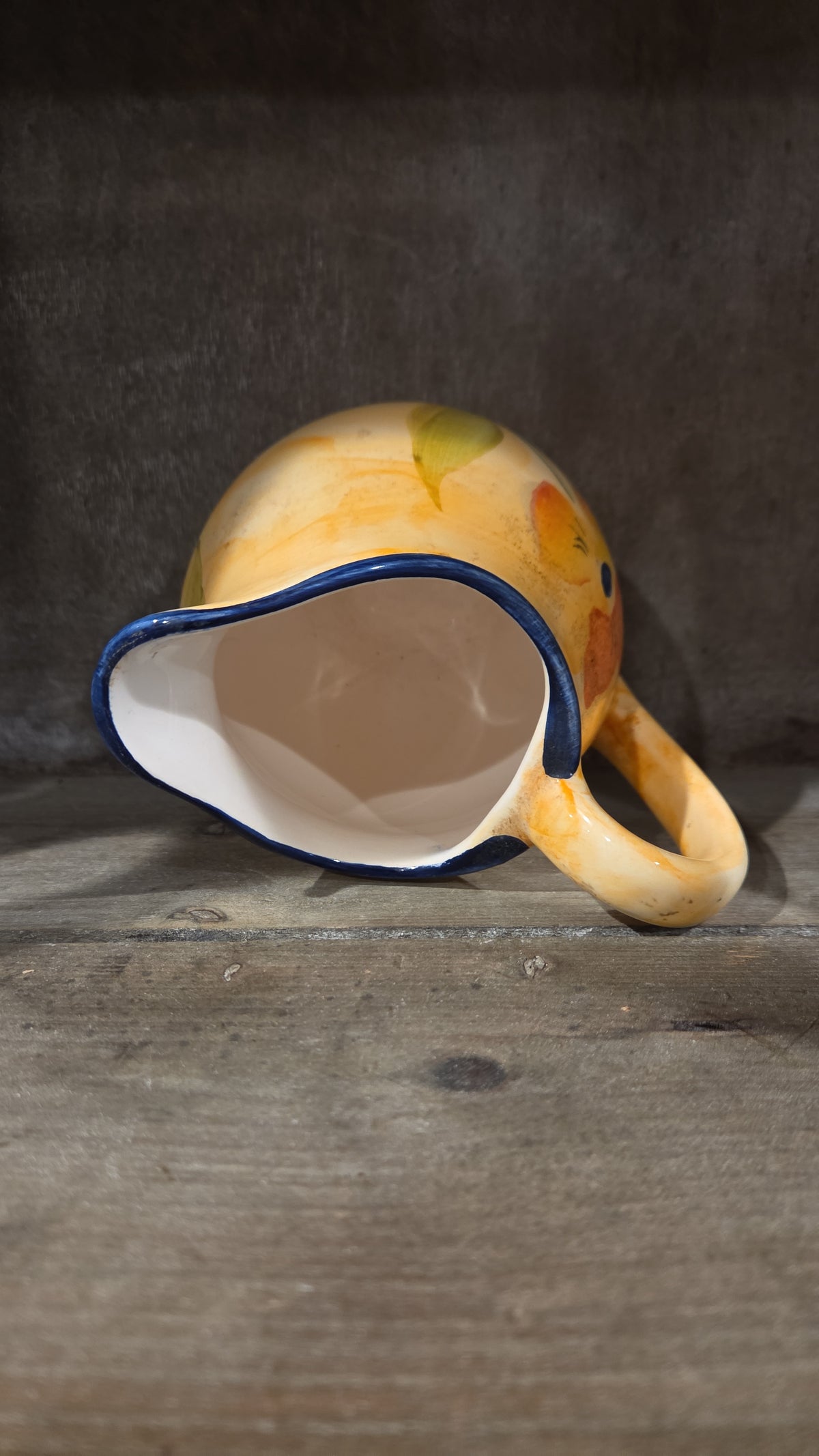 Onina Poppy Pitcher, Yellow, Orange, Green, Blue Rim, Floral, Flowers