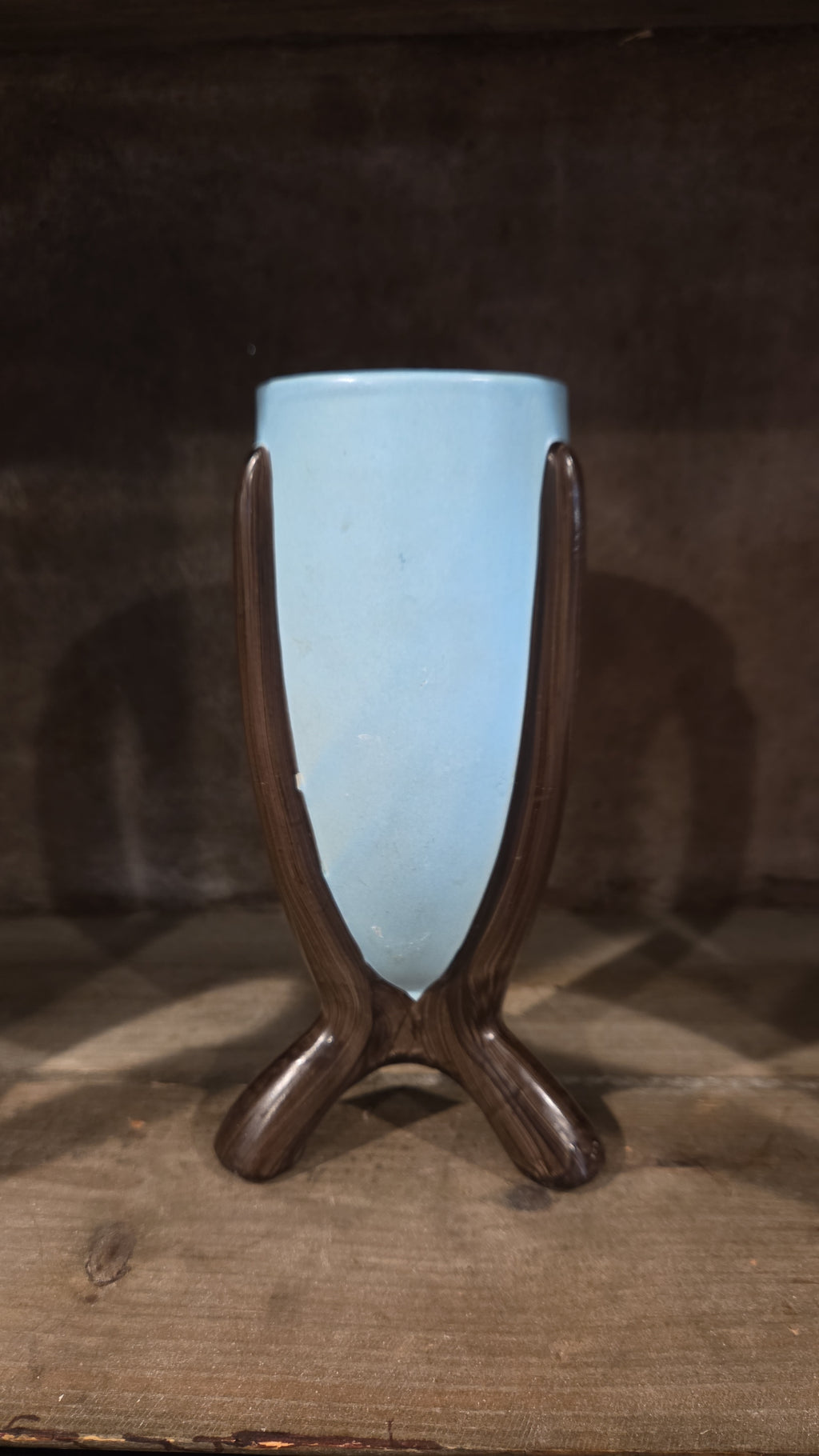 Robin Egg Blue Bullet Vase, Brown Vase, Faux Wood, Midcentury, Atomic, MCM