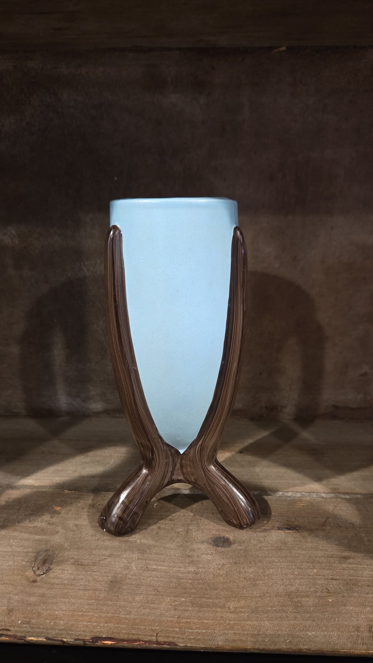 Robin Egg Blue Bullet Vase, Brown Vase, Faux Wood, Midcentury, Atomic, MCM
