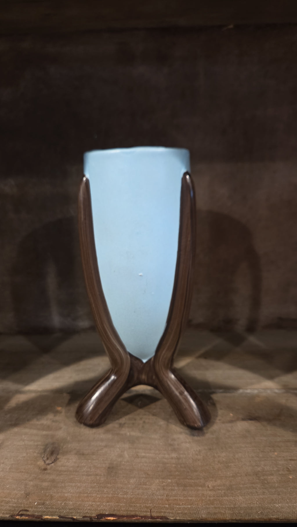Robin Egg Blue Bullet Vase, Brown Vase, Faux Wood, Midcentury, Atomic, MCM