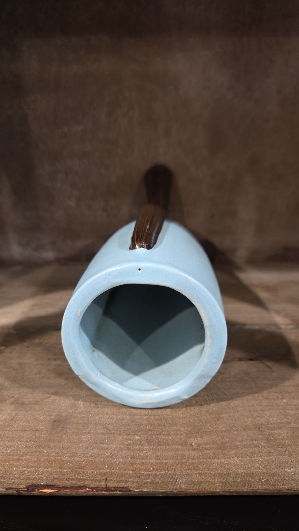 Robin Egg Blue Bullet Vase, Brown Vase, Faux Wood, Midcentury, Atomic, MCM