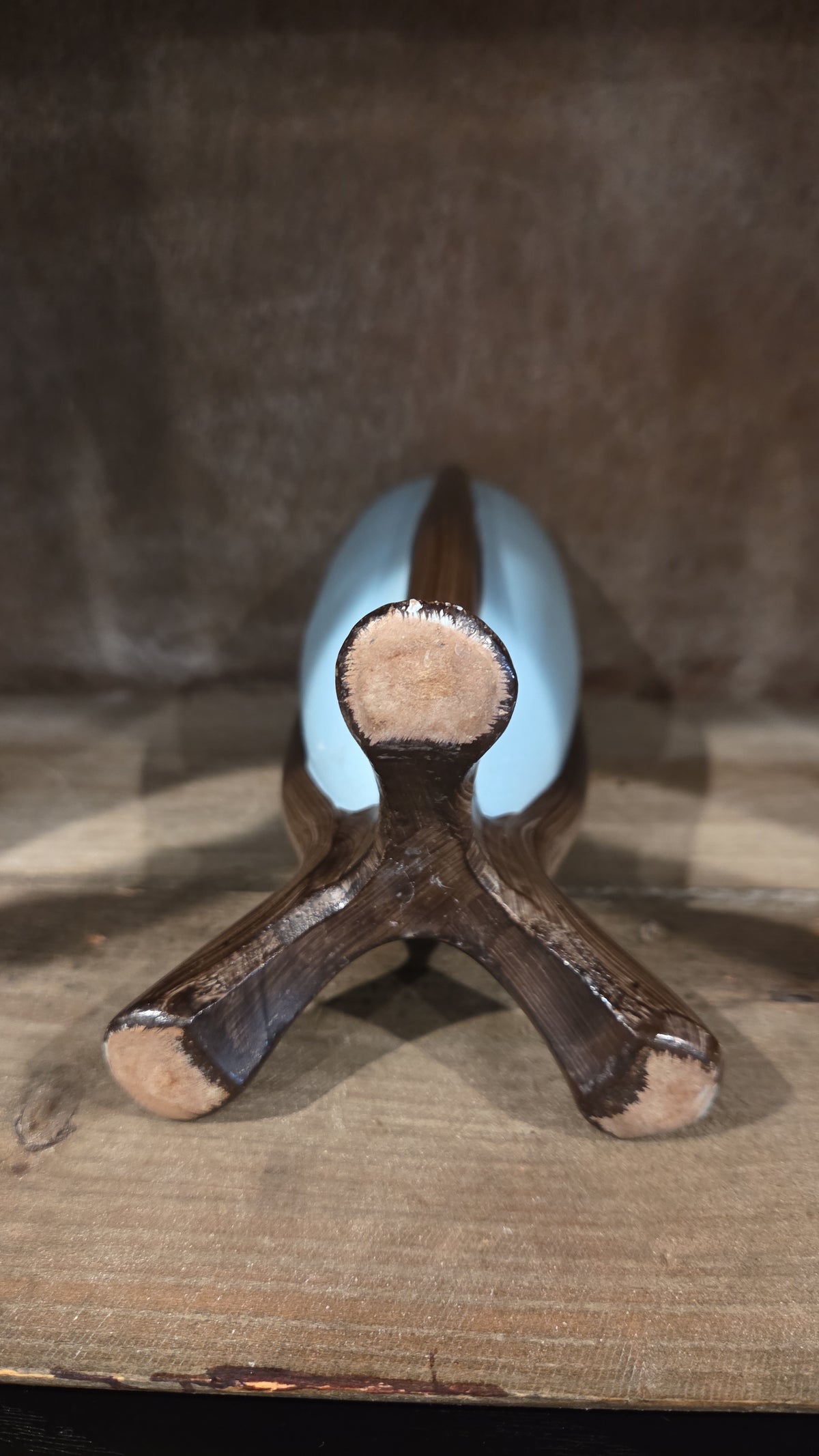 Robin Egg Blue Bullet Vase, Brown Vase, Faux Wood, Midcentury, Atomic, MCM