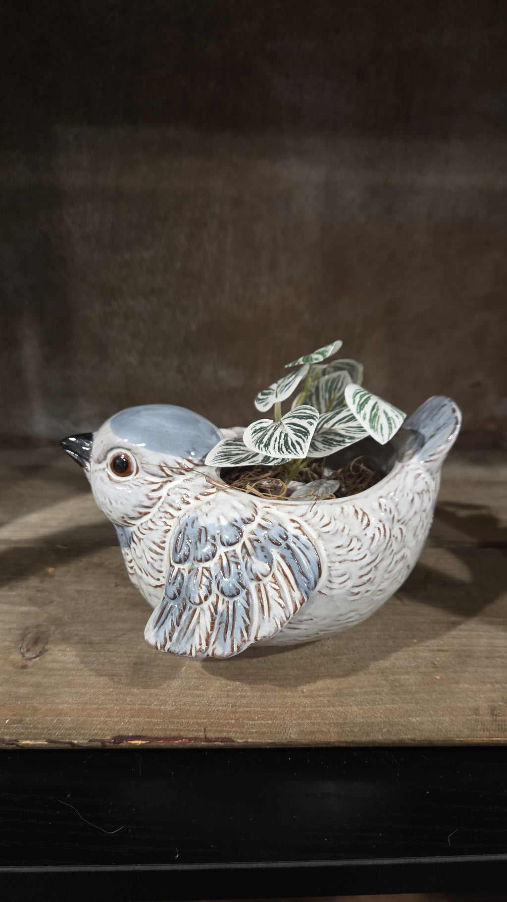 Blue Bird, Planter, Faux Plant, Chubby, Birb, In Flight, Black Beak, Kitsch