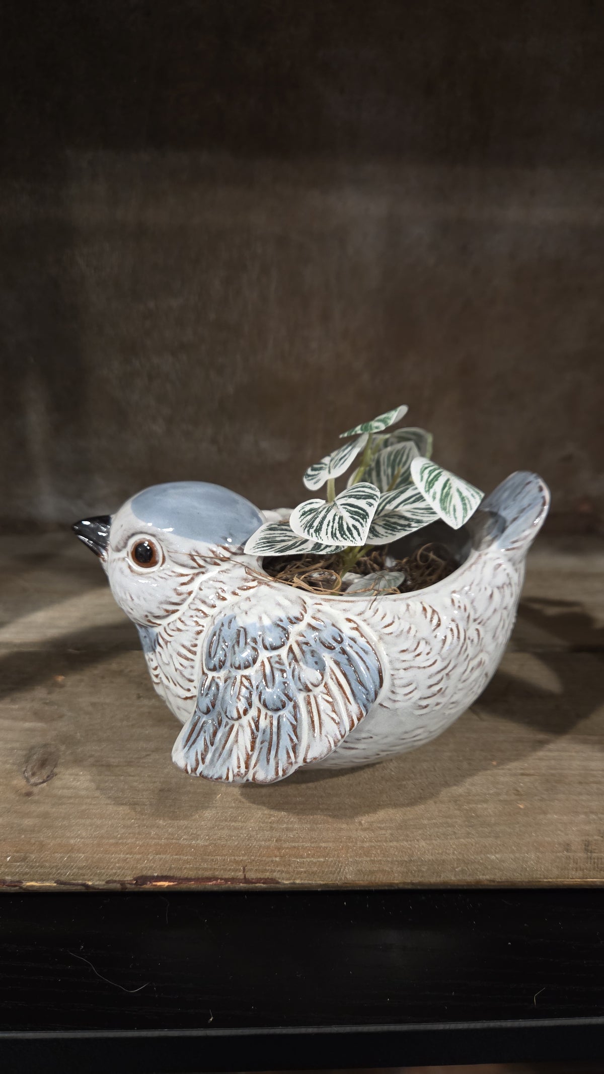 Blue Bird, Planter, Faux Plant, Chubby, Birb, In Flight, Black Beak, Kitsch