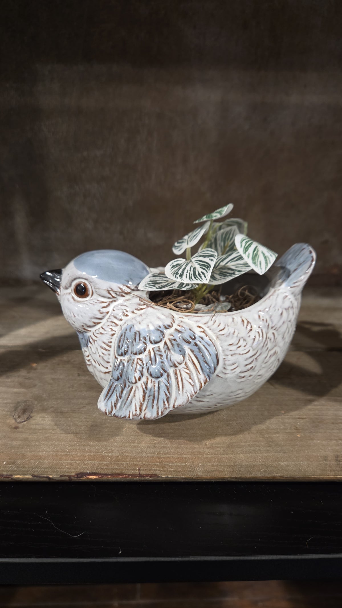 Blue Bird, Planter, Faux Plant, Chubby, Birb, In Flight, Black Beak, Kitsch