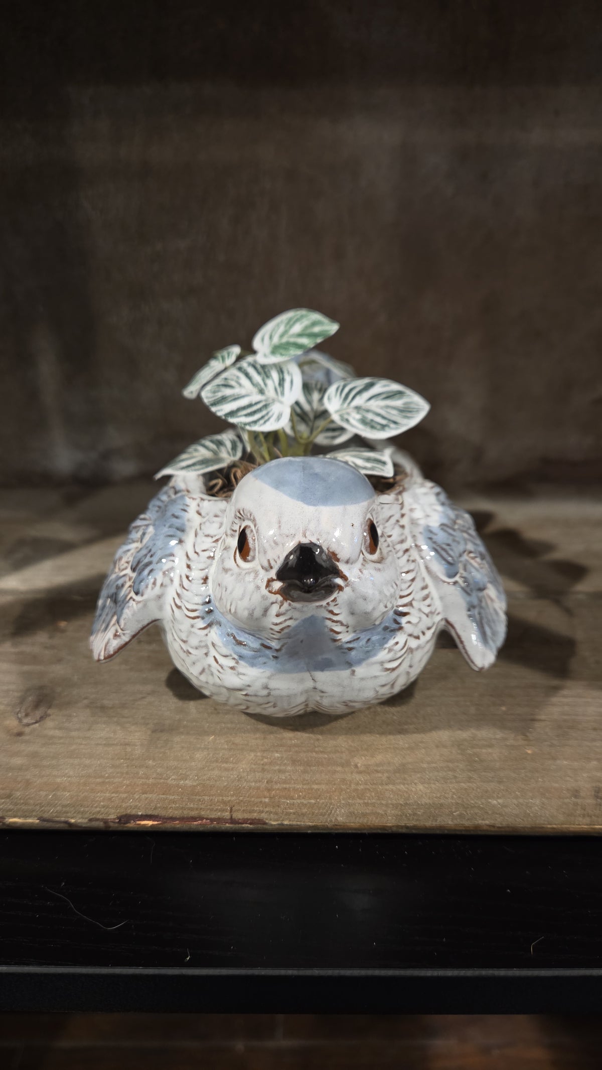 Blue Bird, Planter, Faux Plant, Chubby, Birb, In Flight, Black Beak, Kitsch