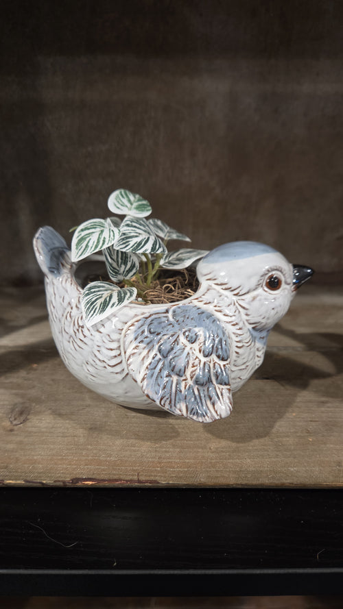 Blue Bird, Planter, Faux Plant, Chubby, Birb, In Flight, Black Beak, Kitsch
