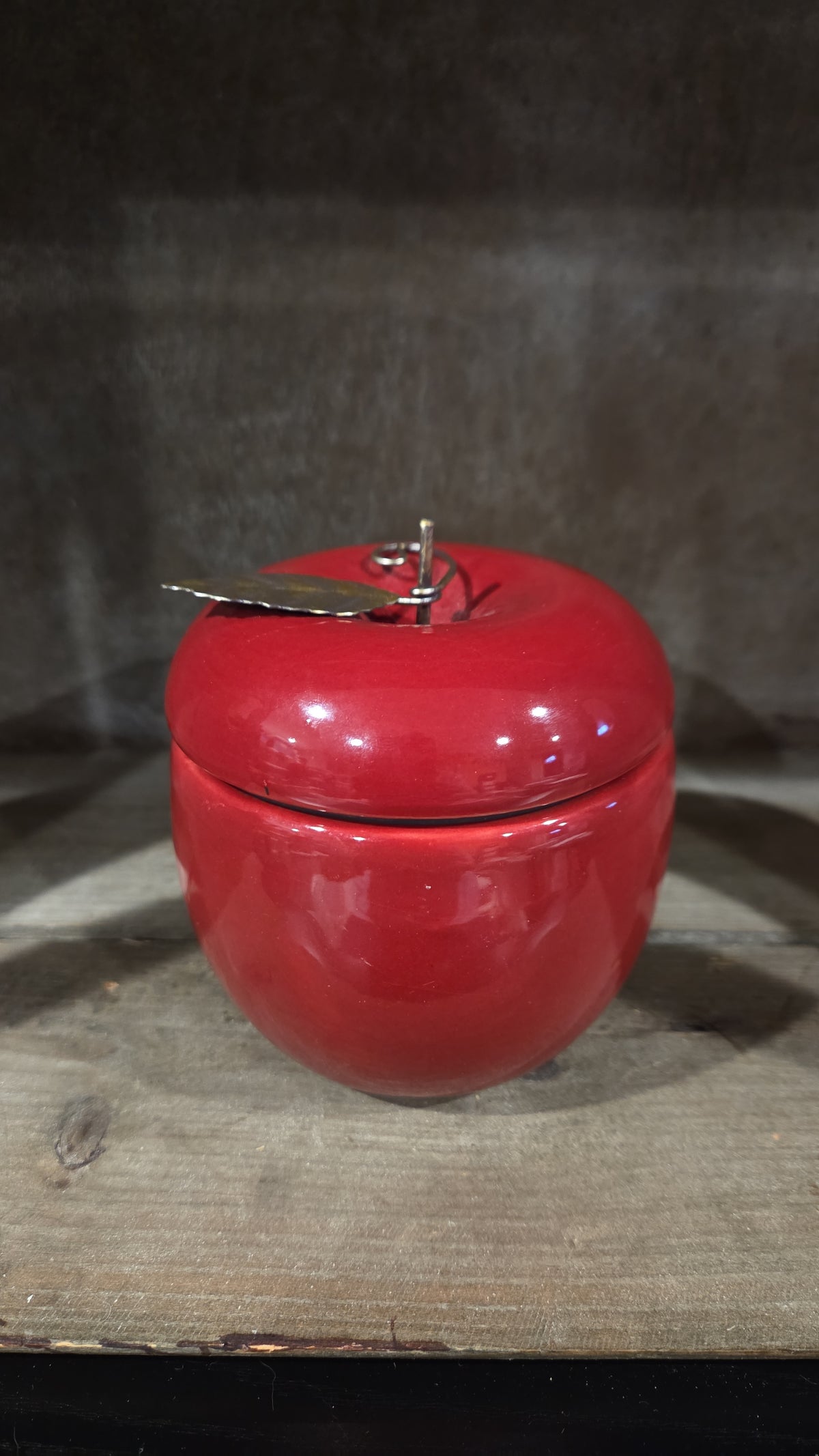 Red Apple, Jar, Candle Holder, Metal Stem, Leaf, Country, Cottagecore, Kitsch