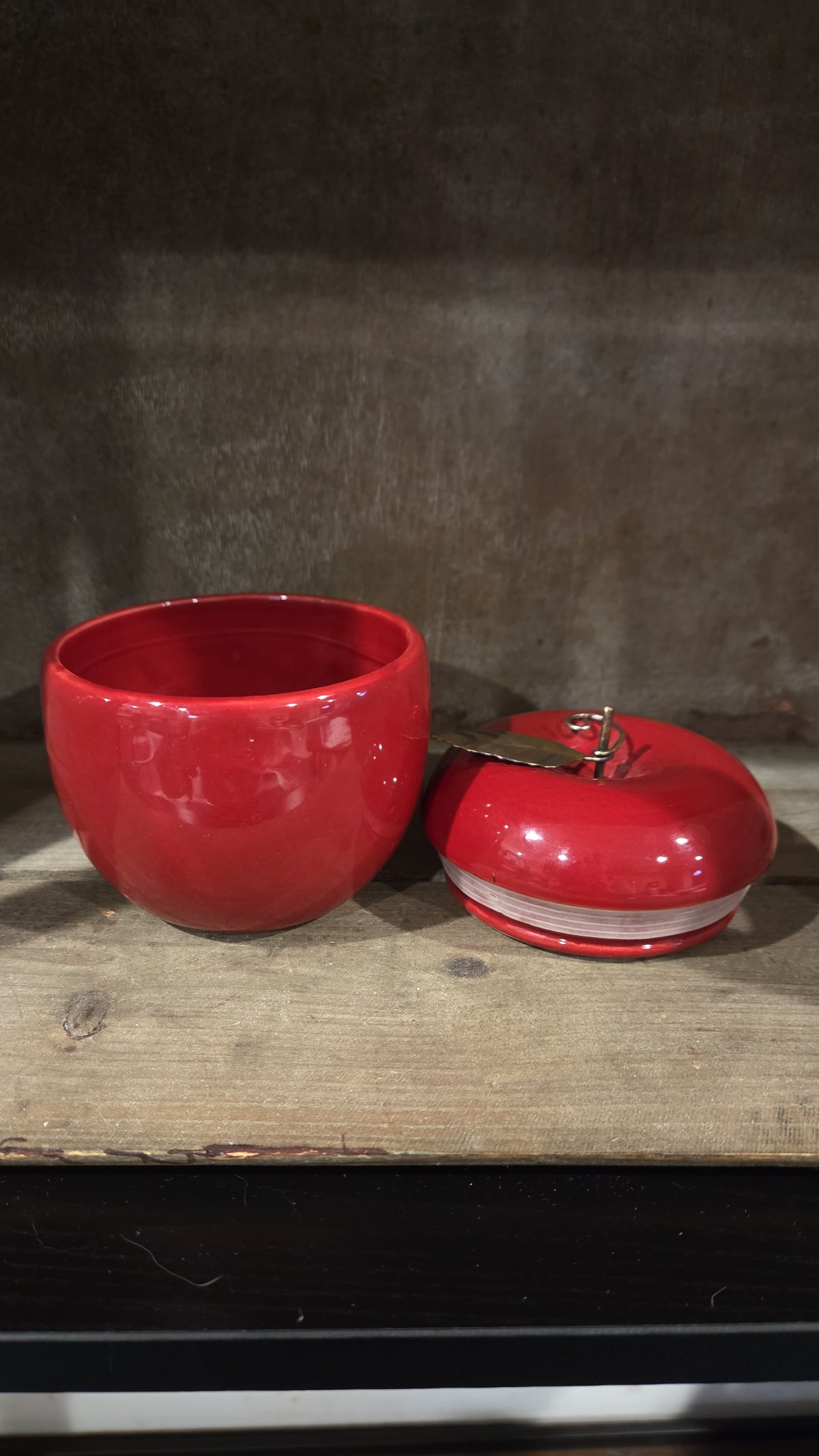 Red Apple, Jar, Candle Holder, Metal Stem, Leaf, Country, Cottagecore, Kitsch