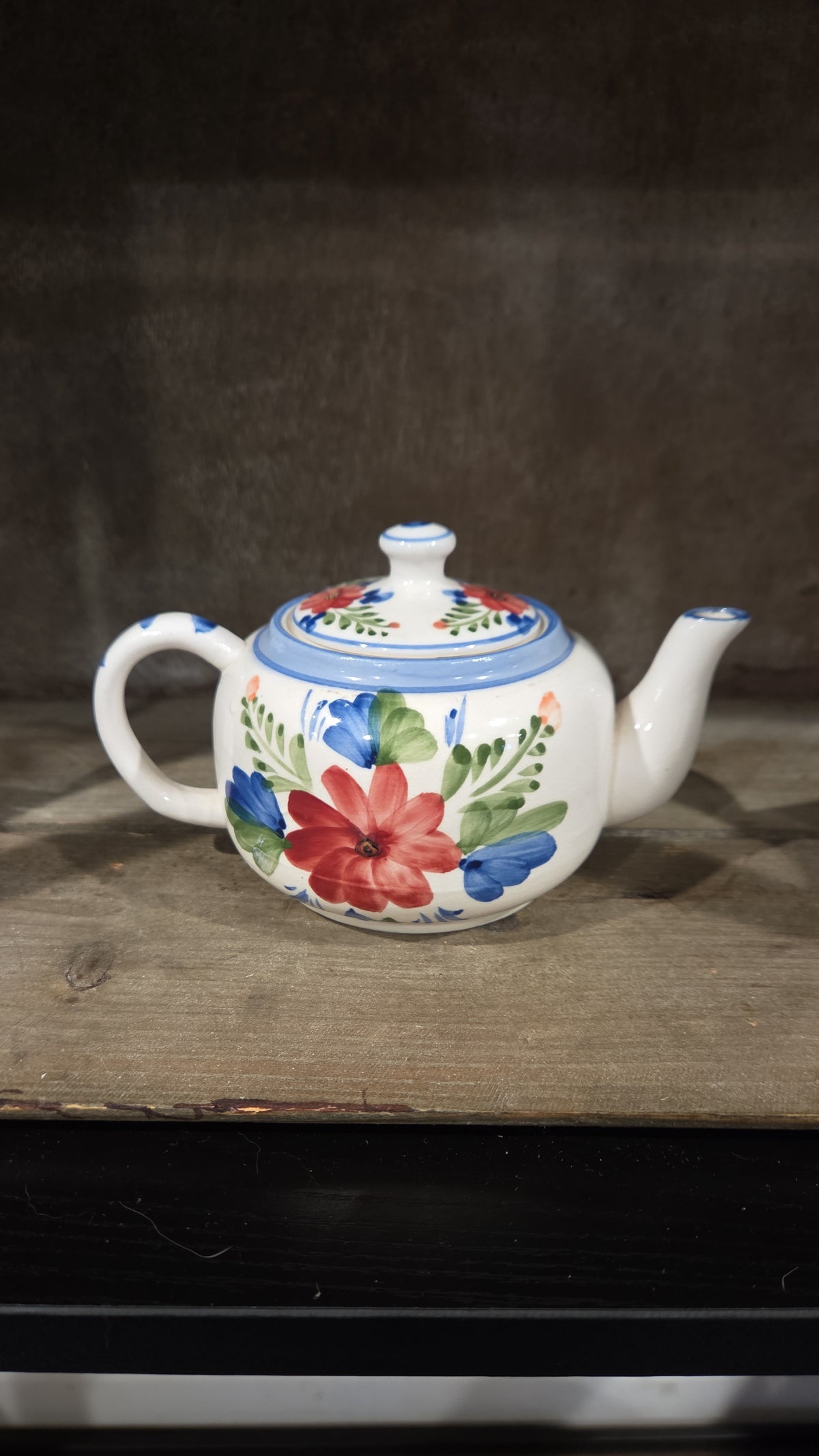 Less Than A Cuppa, Small, Floral, Tea Pot, Red Flower, Blue Trim, Petite, Kitsch