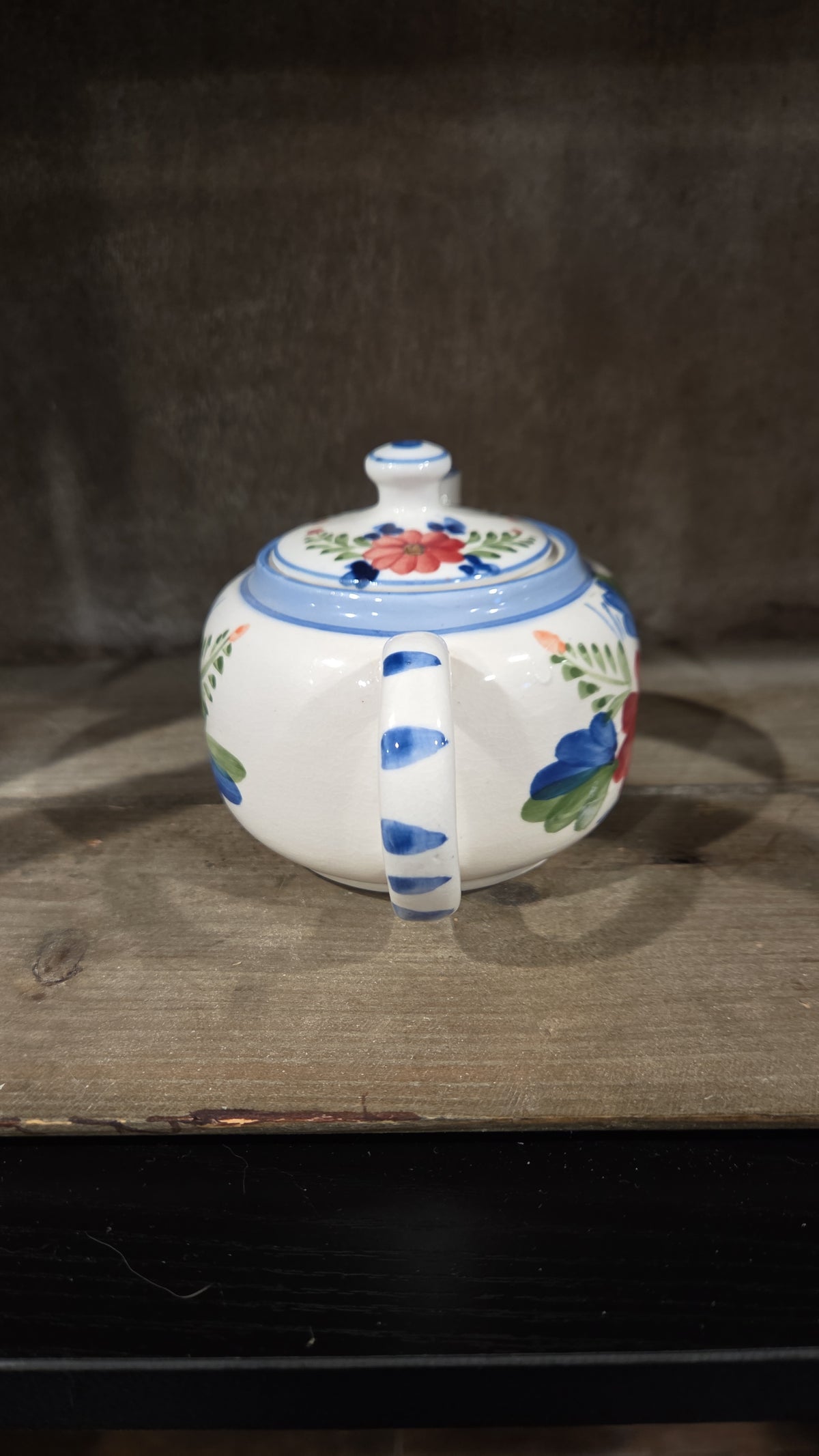 Less Than A Cuppa, Small, Floral, Tea Pot, Red Flower, Blue Trim, Petite, Kitsch