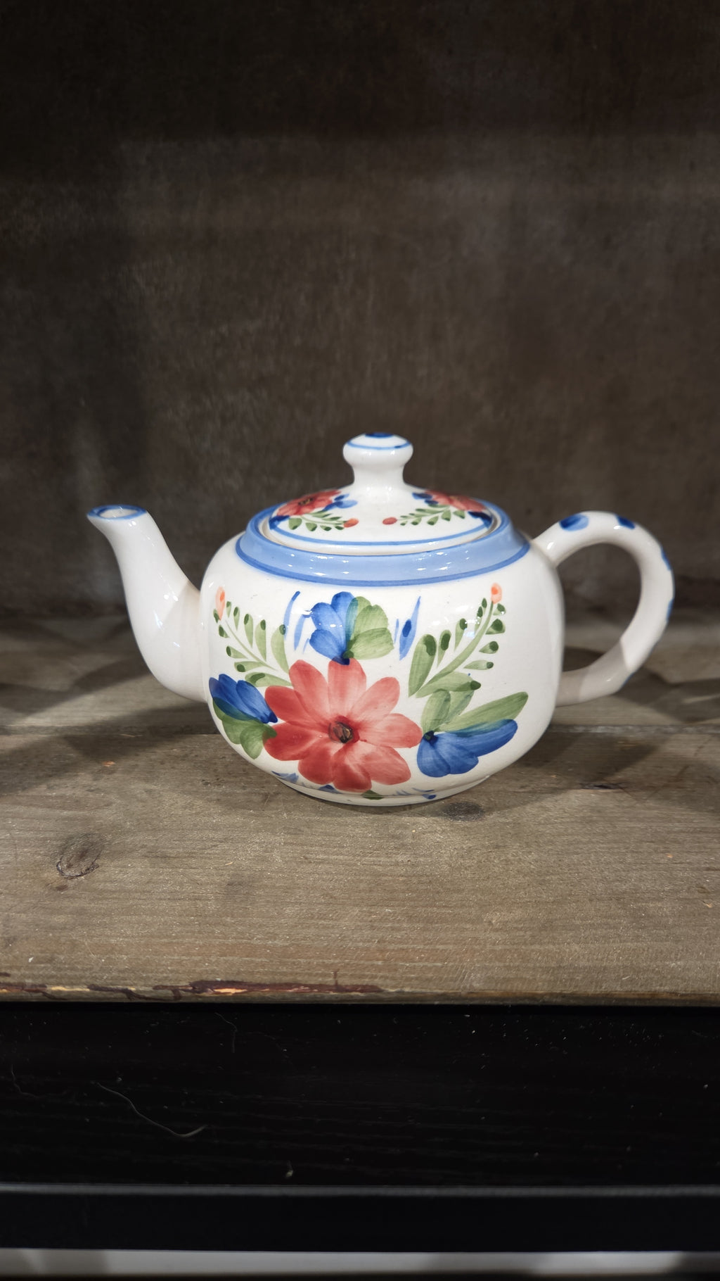 Less Than A Cuppa, Small, Floral, Tea Pot, Red Flower, Blue Trim, Petite, Kitsch