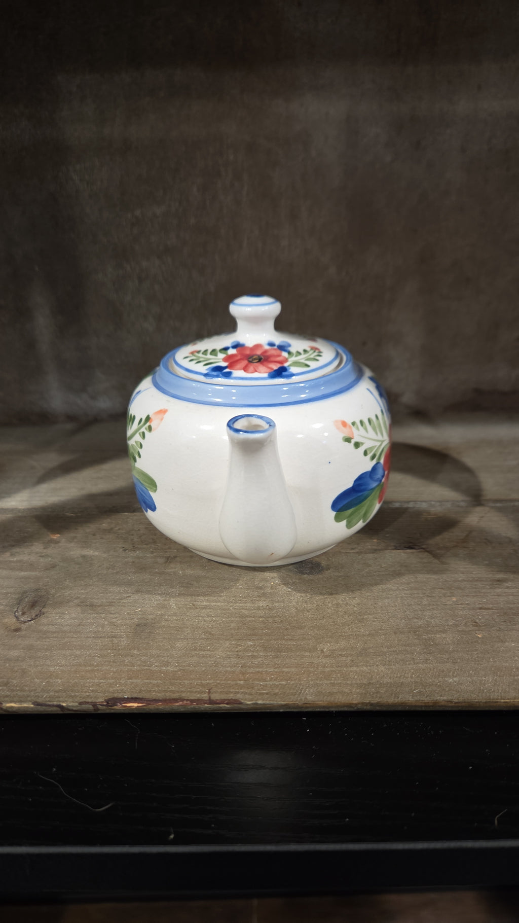 Less Than A Cuppa, Small, Floral, Tea Pot, Red Flower, Blue Trim, Petite, Kitsch
