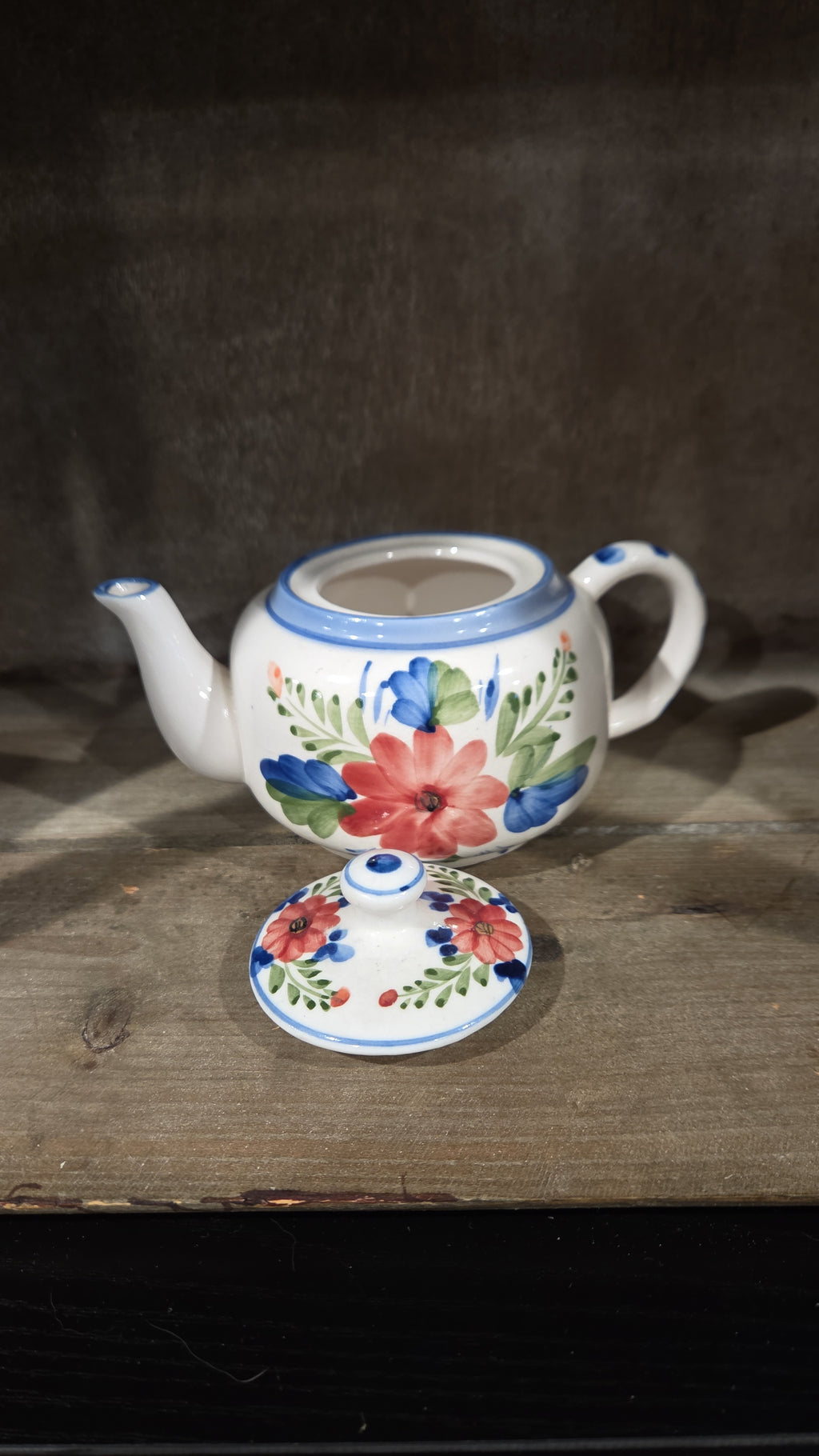 Less Than A Cuppa, Small, Floral, Tea Pot, Red Flower, Blue Trim, Petite, Kitsch