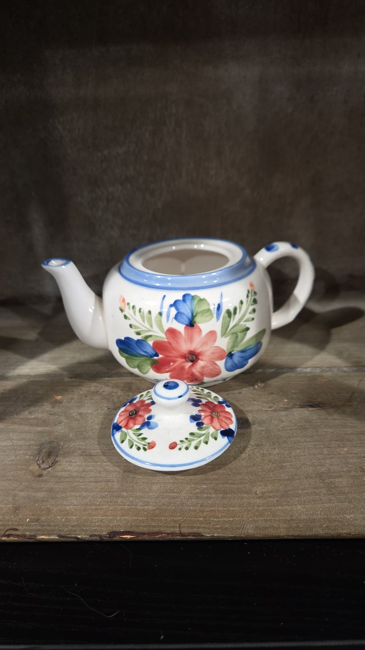 Less Than A Cuppa, Small, Floral, Tea Pot, Red Flower, Blue Trim, Petite, Kitsch