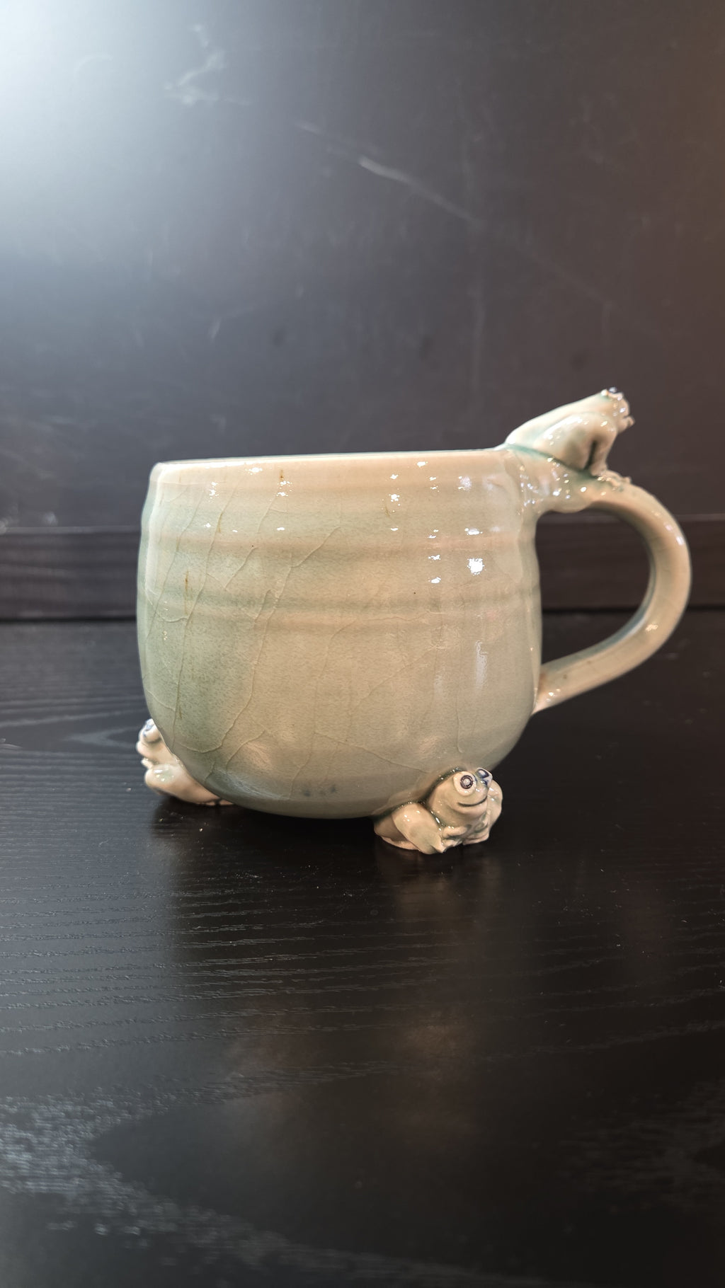 Celadon Green Frog Mug, Art Pottery, Handmade, Funky, Humor, Kitsch