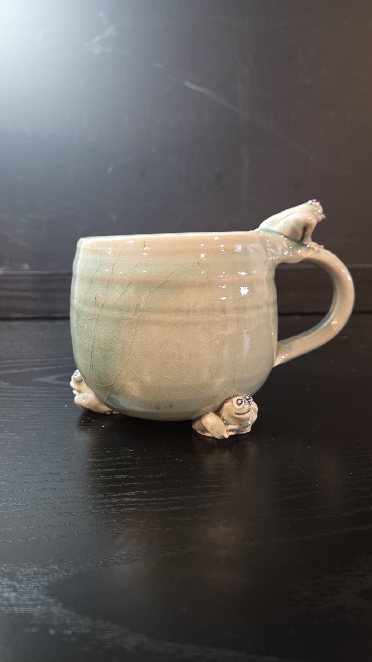 Celadon Green Frog Mug, Art Pottery, Handmade, Funky, Humor, Kitsch