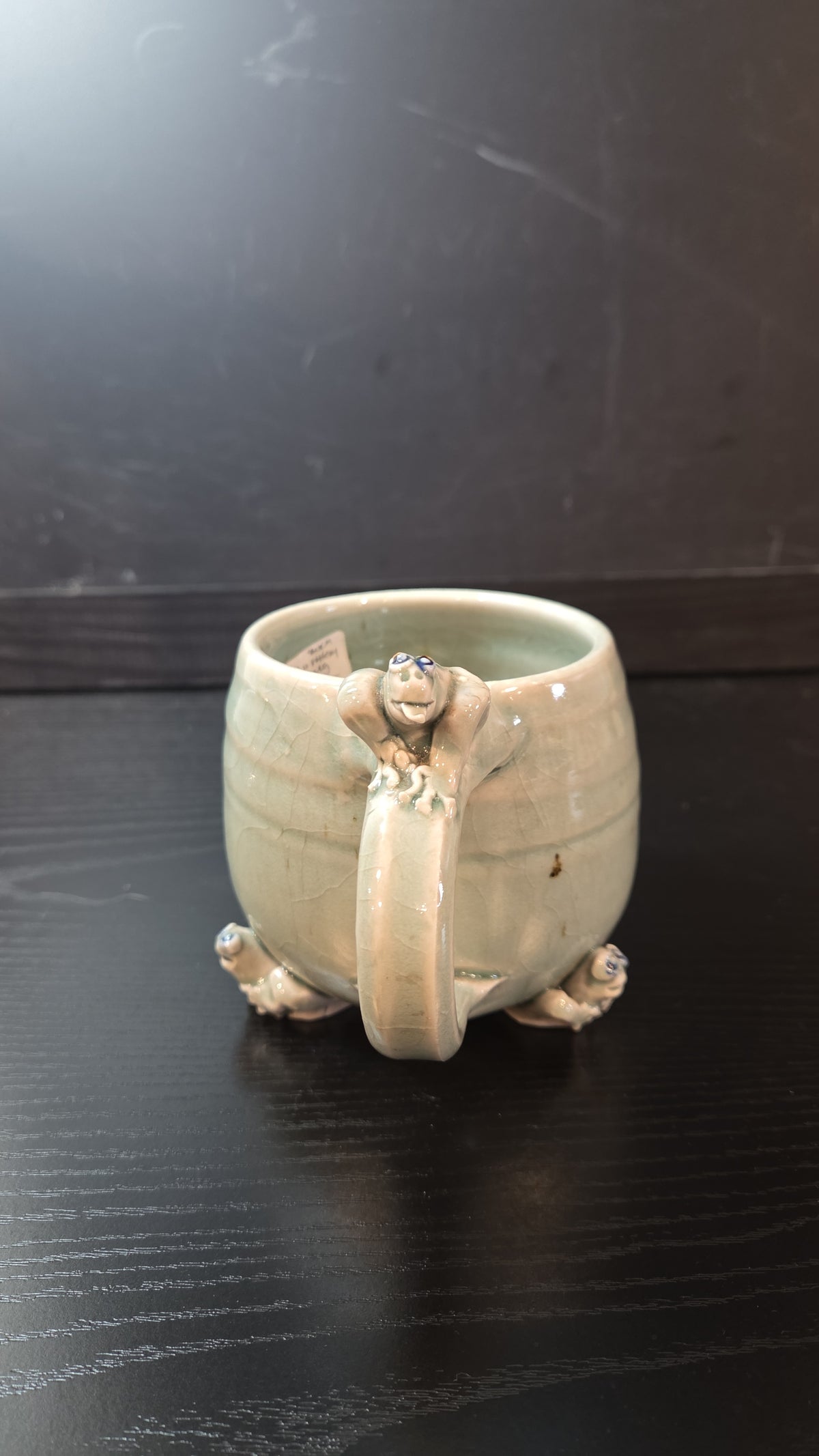 Celadon Green Frog Mug, Art Pottery, Handmade, Funky, Humor, Kitsch