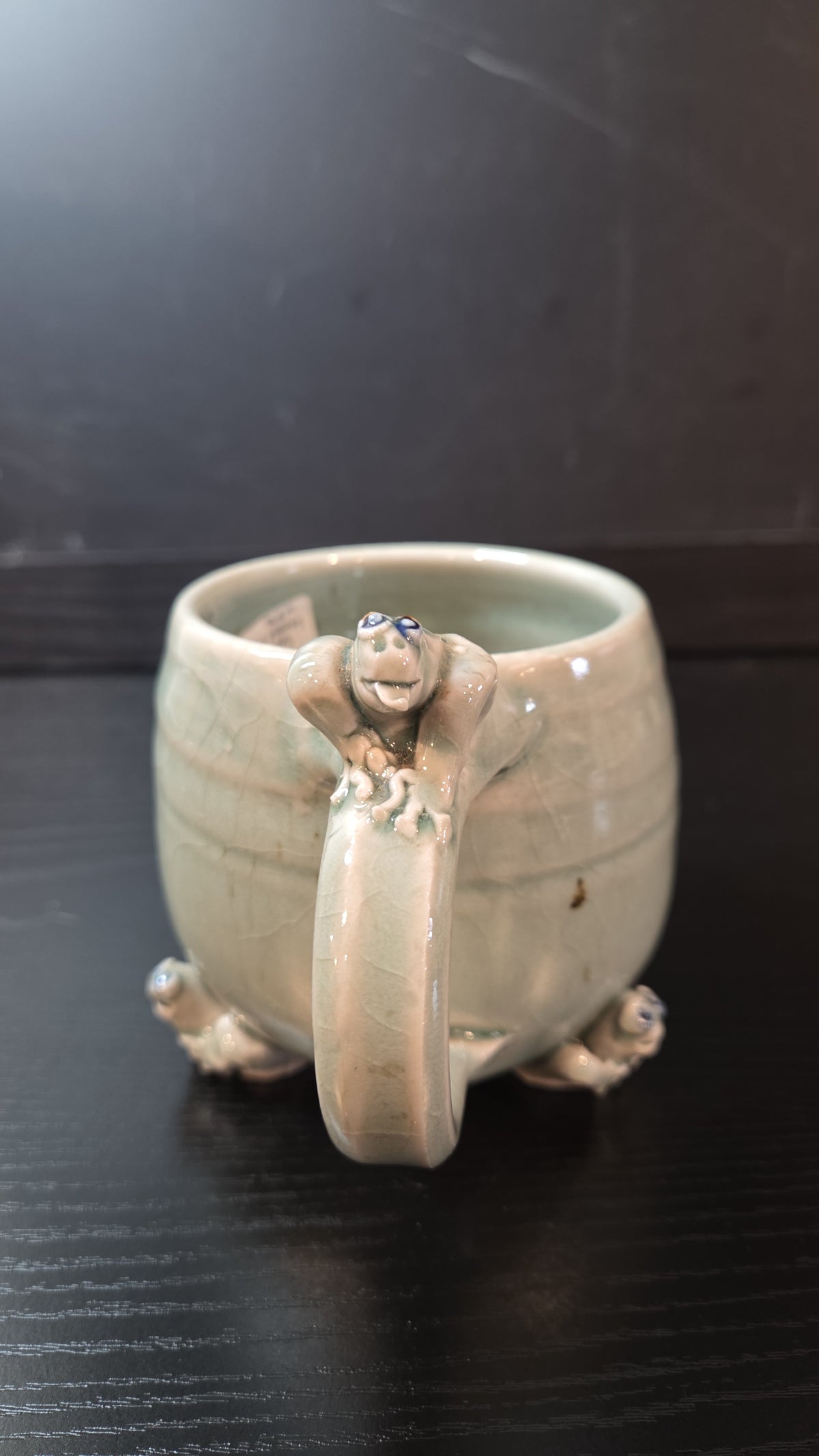 Celadon Green Frog Mug, Art Pottery, Handmade, Funky, Humor, Kitsch