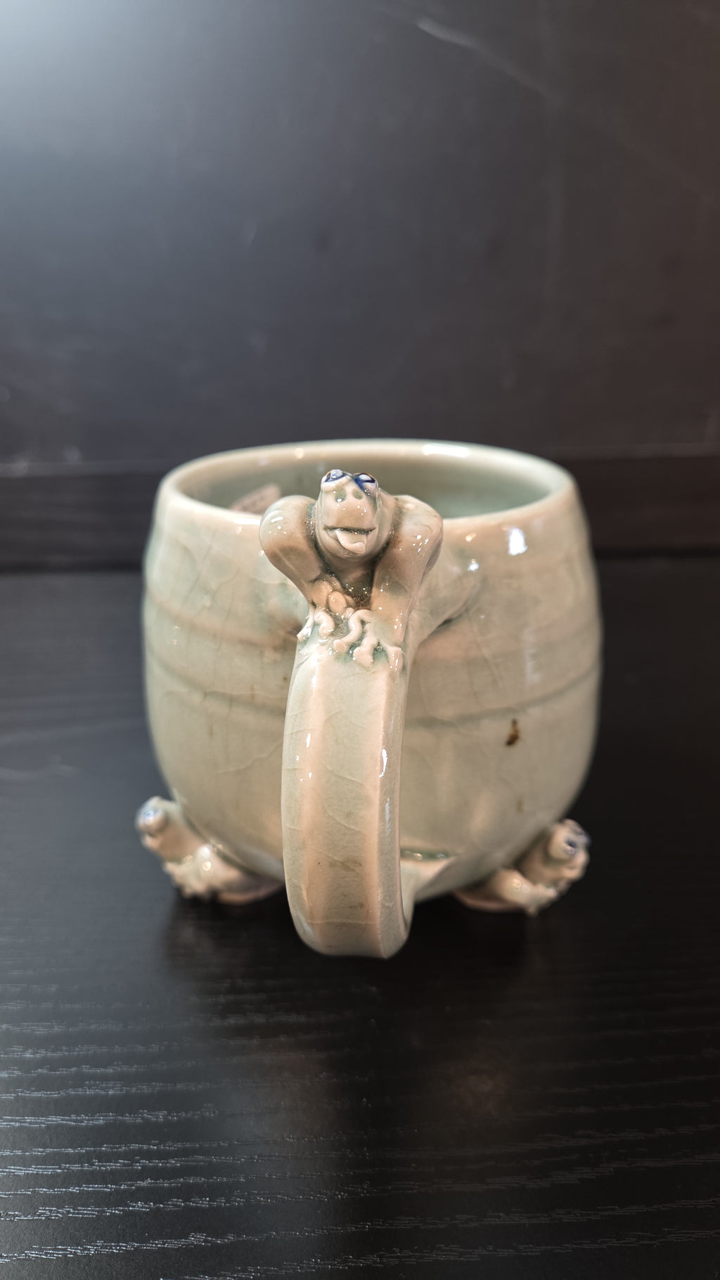 Celadon Green Frog Mug, Art Pottery, Handmade, Funky, Humor, Kitsch
