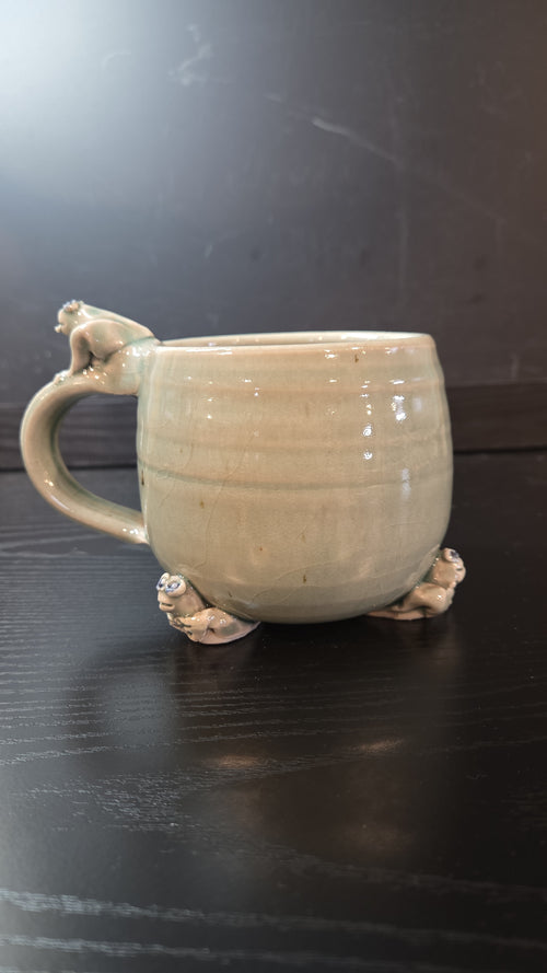 Celadon Green Frog Mug, Art Pottery, Handmade, Funky, Humor, Kitsch