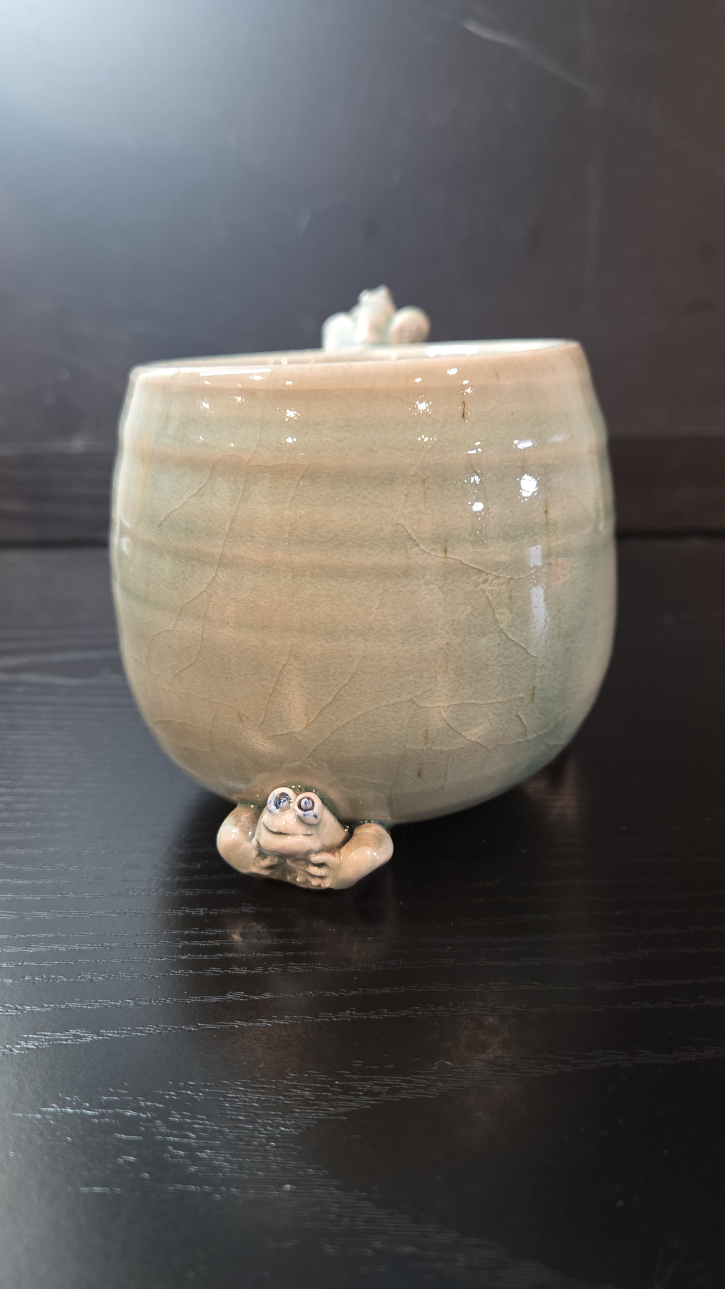 Celadon Green Frog Mug, Art Pottery, Handmade, Funky, Humor, Kitsch