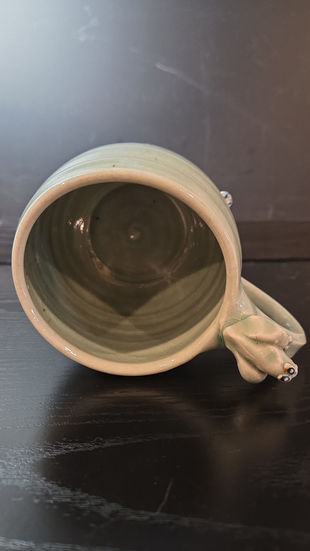 Celadon Green Frog Mug, Art Pottery, Handmade, Funky, Humor, Kitsch