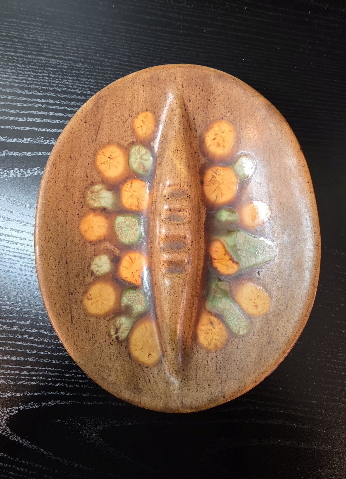 1970s Faux Wood Dot Glaze Ashtray, Felt Bottom, Brown, Orange, Green, Kitsch