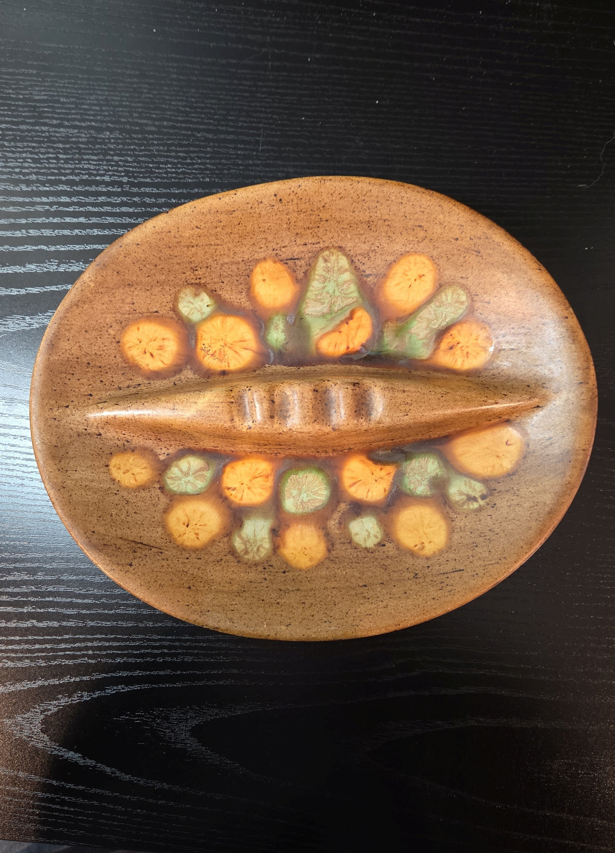 1970s Faux Wood Dot Glaze Ashtray, Felt Bottom, Brown, Orange, Green, Kitsch