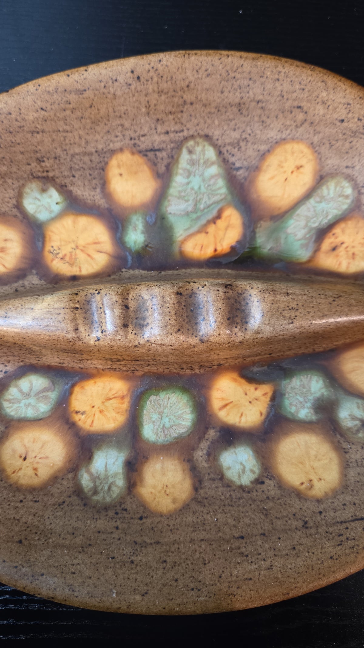 1970s Faux Wood Dot Glaze Ashtray, Felt Bottom, Brown, Orange, Green, Kitsch