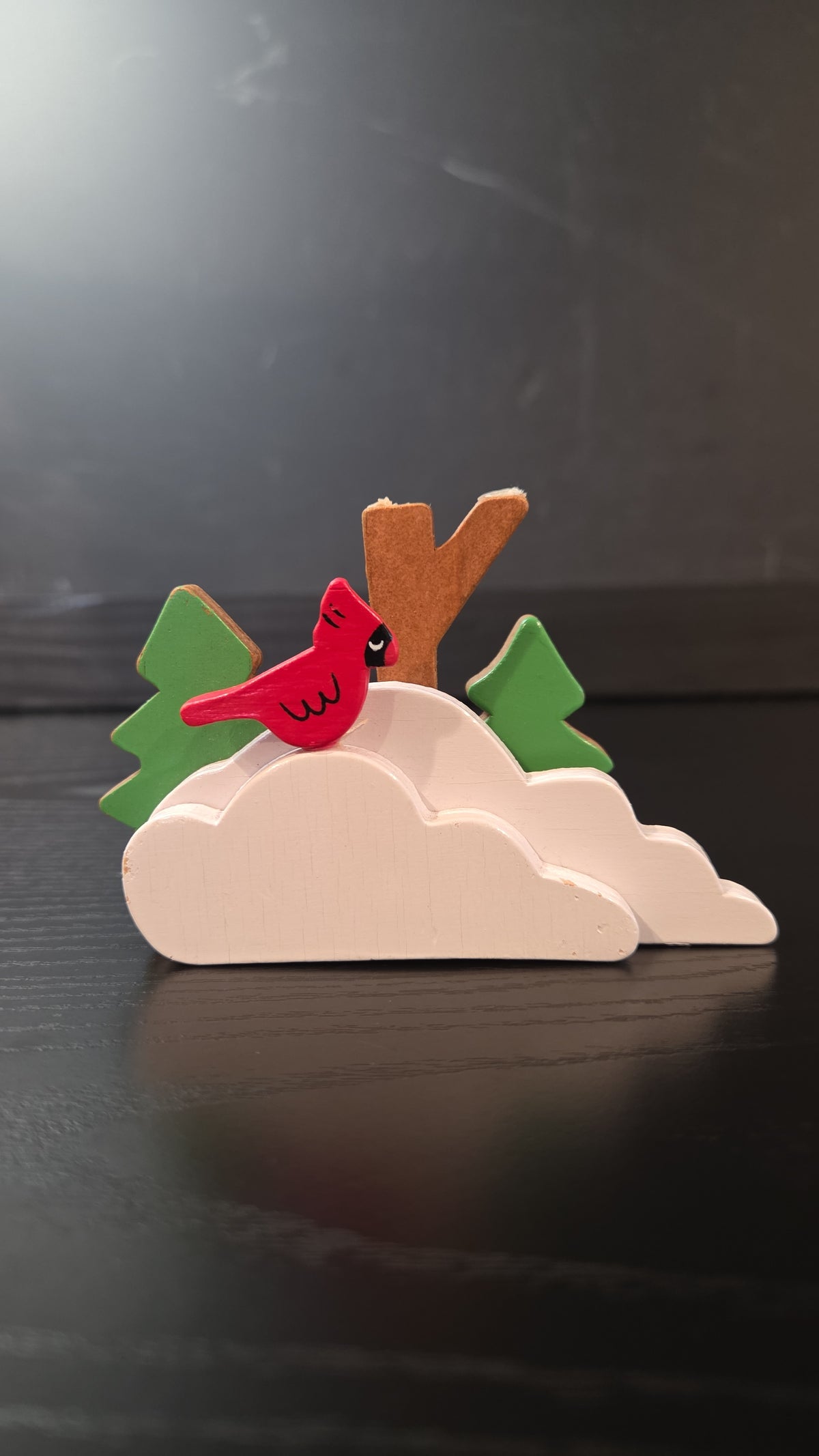 Winter Cardinal, Figurine, Kurt S Adler, Made in Taiwan, Carved Wood, Snow, Pine Trees, Bird, Red, White, Green, Christmas, Holiday, 1980s, Display, Kitsch